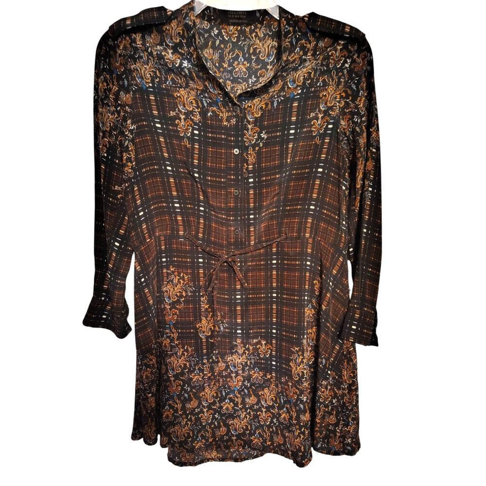 All Saints 100% Silk Size 6 Dress, Business Casual, Orange Black Paisley Plaid